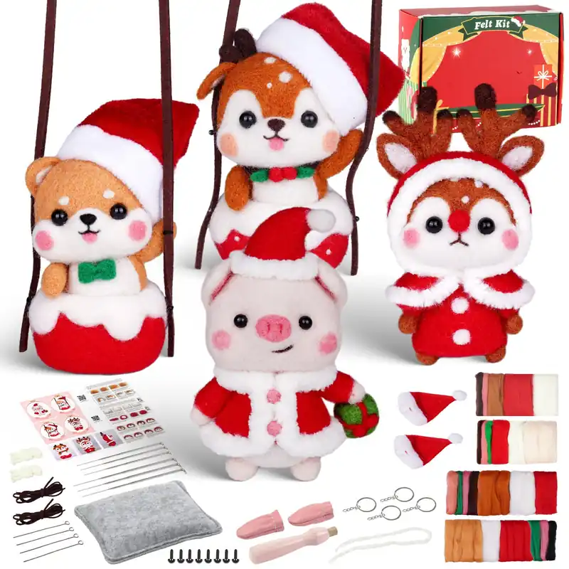 Christmas Shiba Inu and Piggy Needle Felting Kit. Wizardi DIY Wool Craft Kit F07N8-Z-12 Same Day Shipping