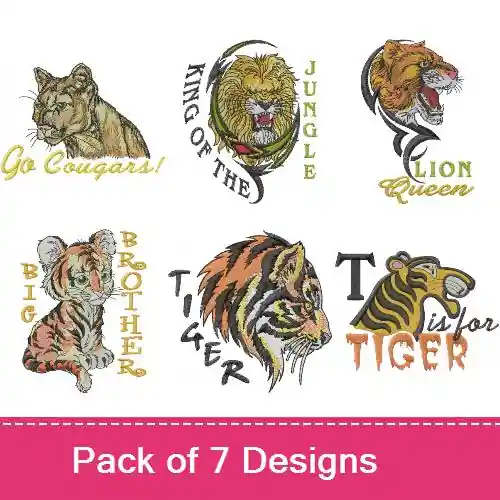 Lions, Tigers & Cougars, Oh My! Embroidery design pack by Machine Embroidery Designs, Embroidery Packs on EmbroideryDesigns.com Low Price