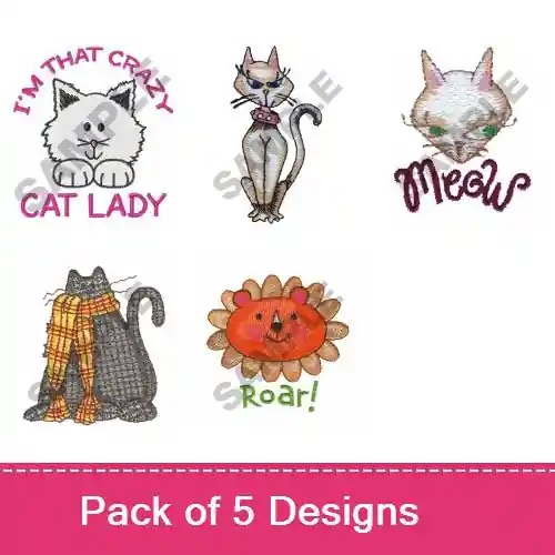 Crazy Cats Embroidery design pack by Great Notions, Embroidery Packs on EmbroideryDesigns.com Limited Time